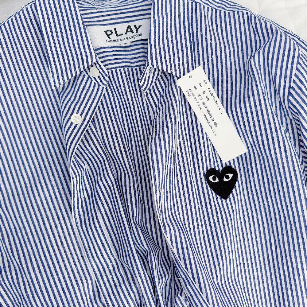 Sz S Comme Des Garçons Play Womens Long Sleeve Button Up Striped Shirt Dark Blue